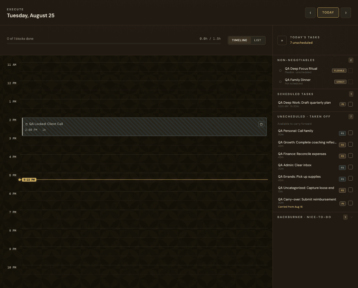 Execute workspace with day controls, Timeline and List views, progress, and task rail