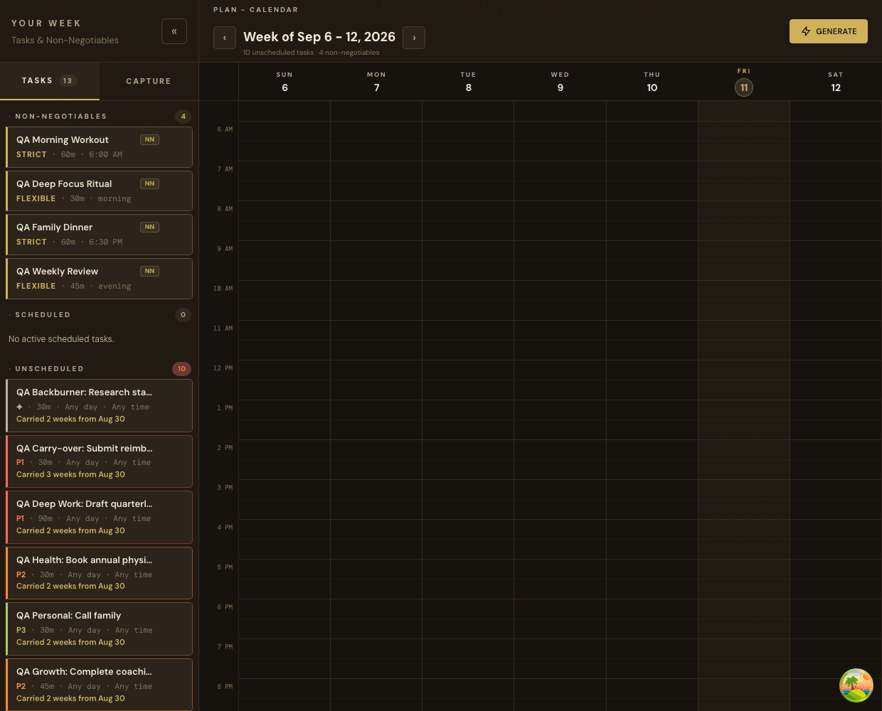 Plan calendar with week controls, planning rail, and Generate action