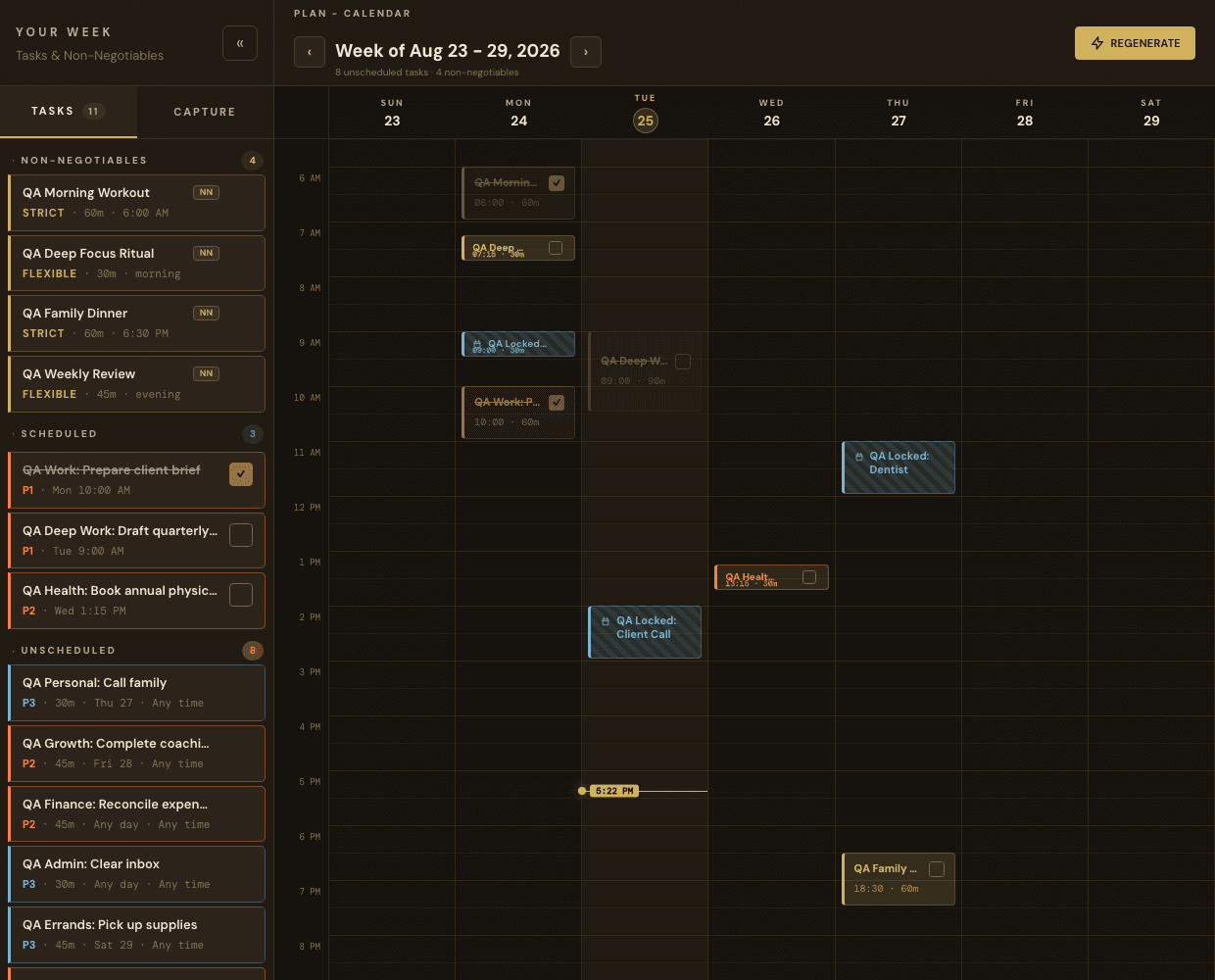 Plan calendar with week controls, planning rail, and Generate action