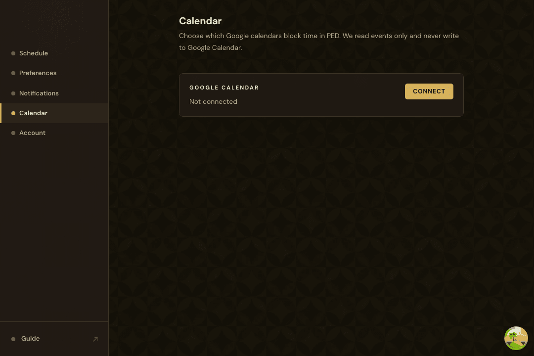 Settings Calendar section with optional Google Calendar connection controls