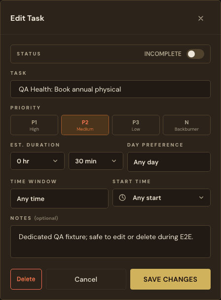 Scheduled task editor with task details and schedule actions