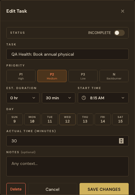 Scheduled task editor with task details and schedule actions
