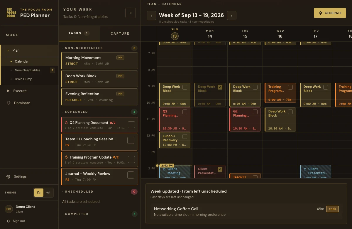 PED Planner weekly calendar with scheduled priorities